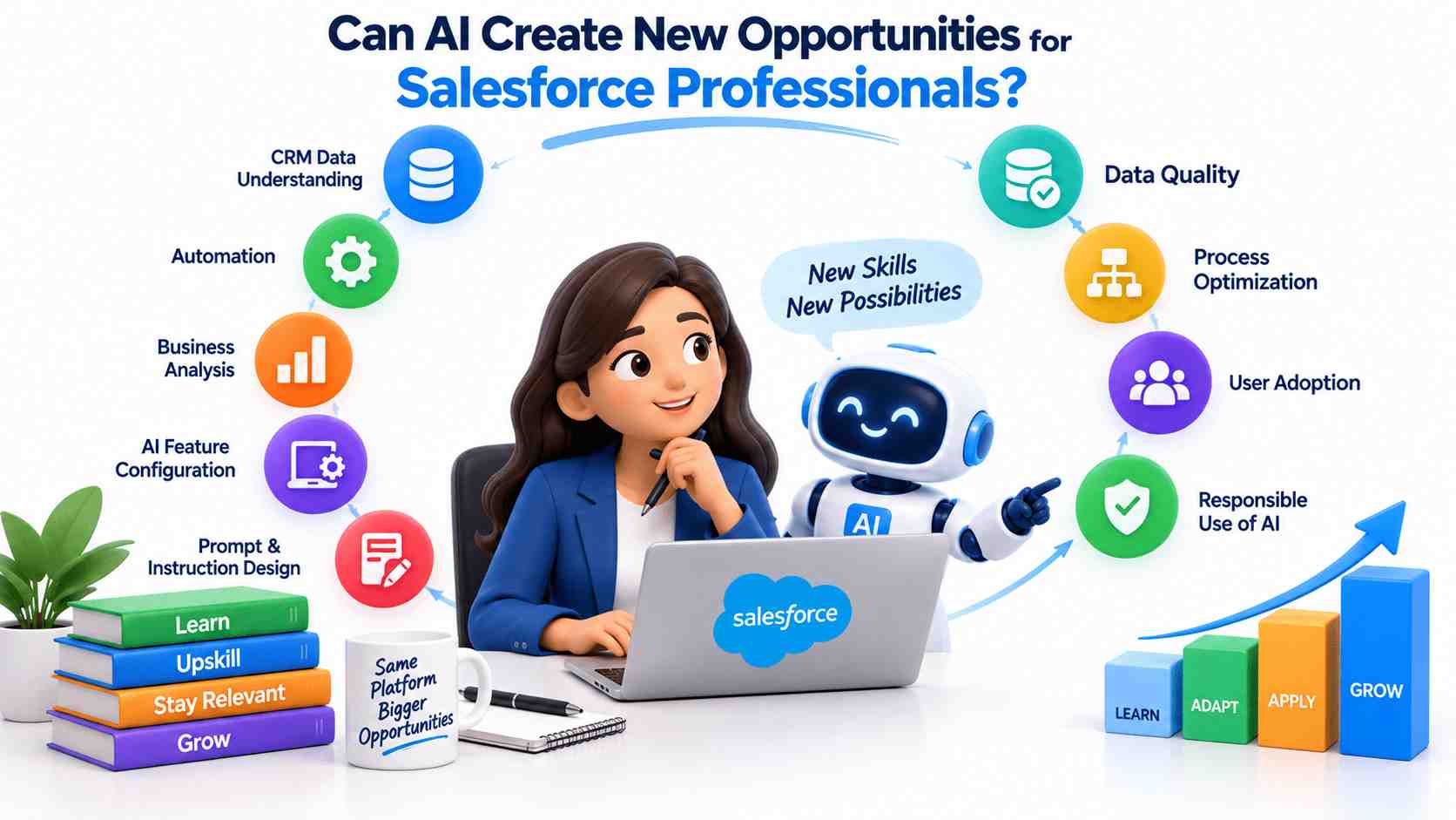 AI skills and career opportunities for Salesforce professionals, including automation, business analysis, data quality, AI configuration, and process optimization.